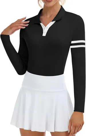 Soneven Women's Golf Polo Shirts - Moisture Wicking Long Sleeve Collared V-Neck