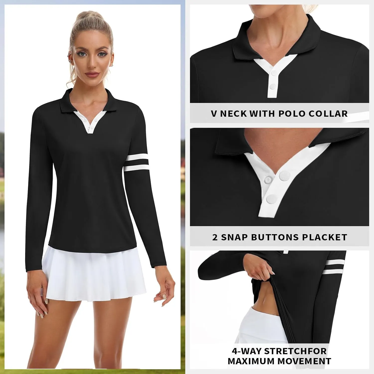 Soneven Women's Golf Polo Shirts - Moisture Wicking Long Sleeve Collared V-Neck