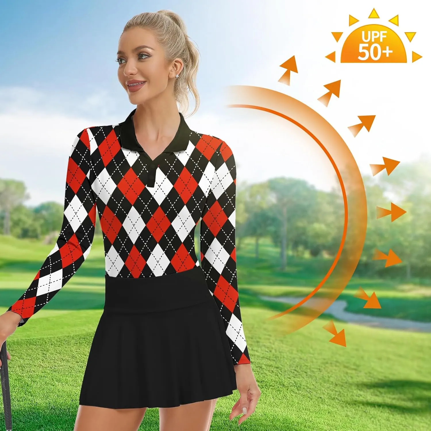 Soneven Women's Golf Polo Shirts - Moisture Wicking Long Sleeve Collared V-Neck