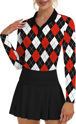 Soneven Women's Golf Polo Shirts - Moisture Wicking Long Sleeve Collared V-Neck