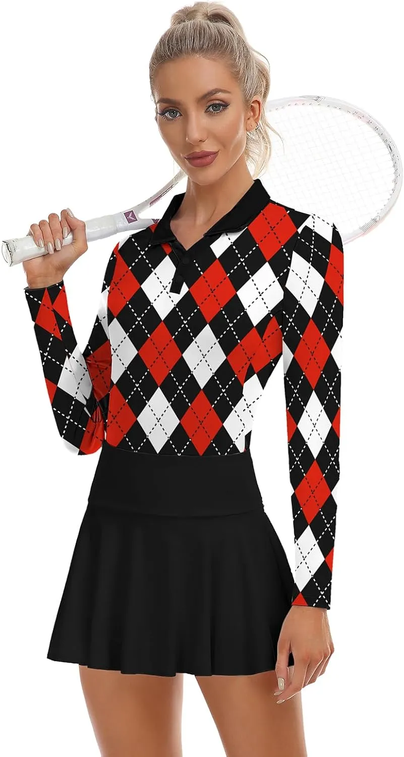 Soneven Women's Golf Polo Shirts - Moisture Wicking Long Sleeve Collared V-Neck