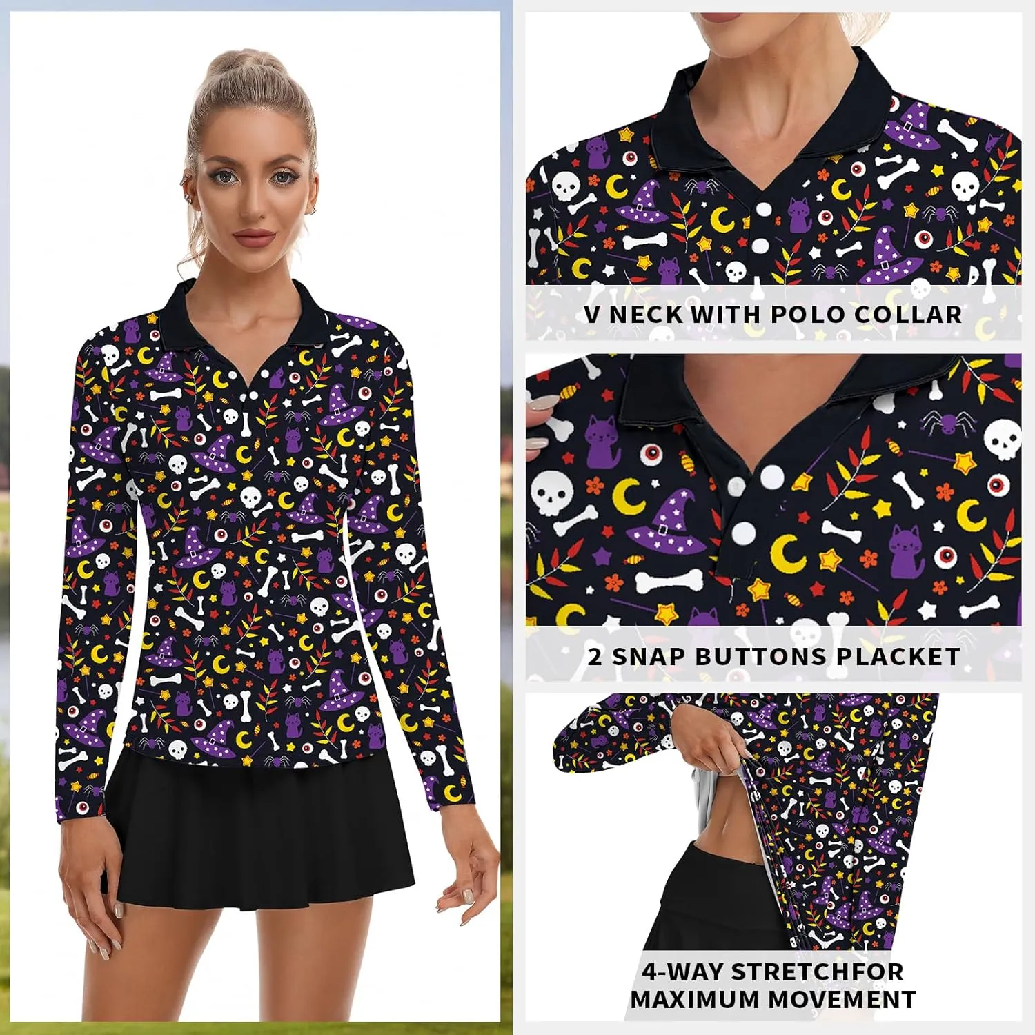 Soneven Women's Golf Polo Shirts - Moisture Wicking Long Sleeve Collared V-Neck