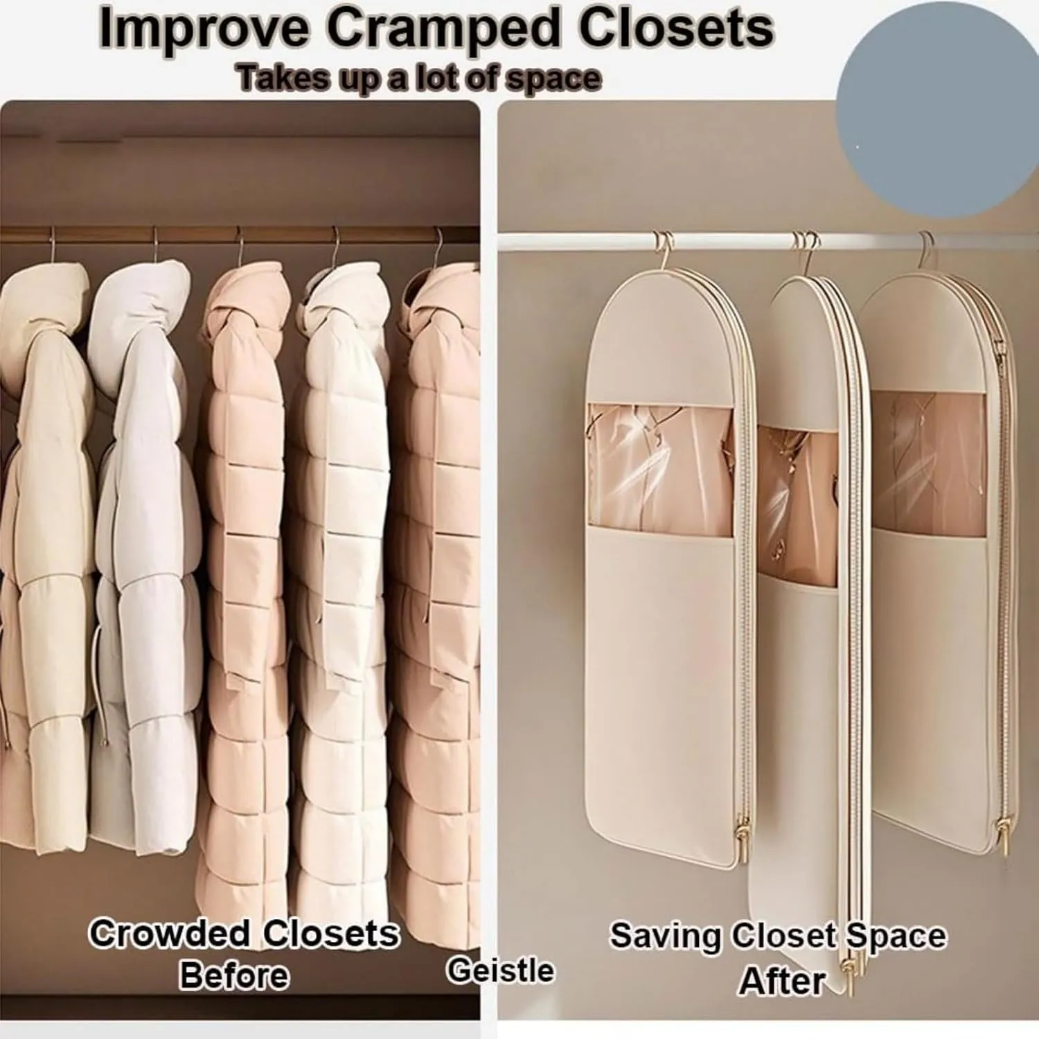 Space Saving Hanging Garment Bag with Self, Compression Zipper, Travel Organizer for down Coat Suit, Dust Cover Clothes Bags for down Coat, Space Saver Closet Organizers (Pink, Medium)