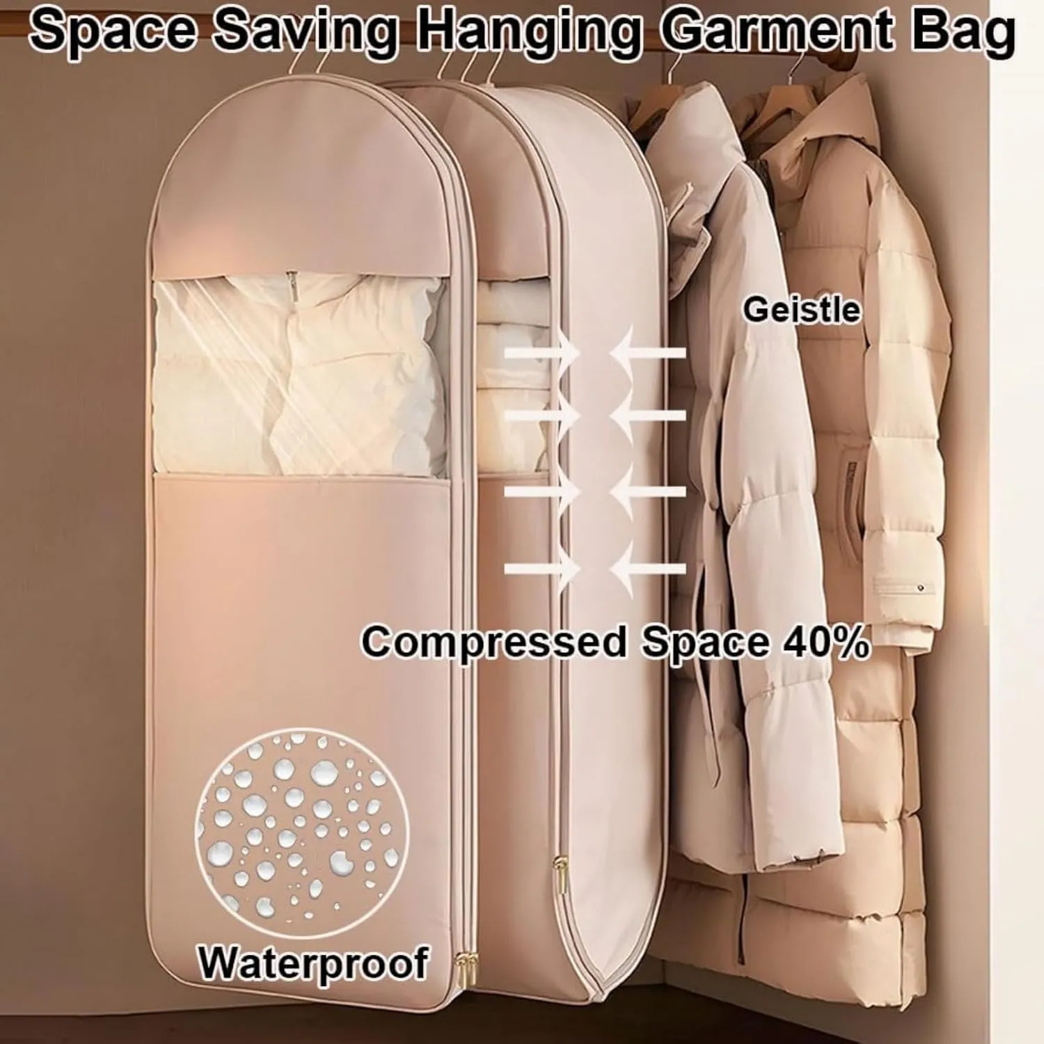 Space Saving Hanging Garment Bag with Self, Compression Zipper, Travel Organizer for down Coat Suit, Dust Cover Clothes Bags for down Coat, Space Saver Closet Organizers (Pink, Medium)