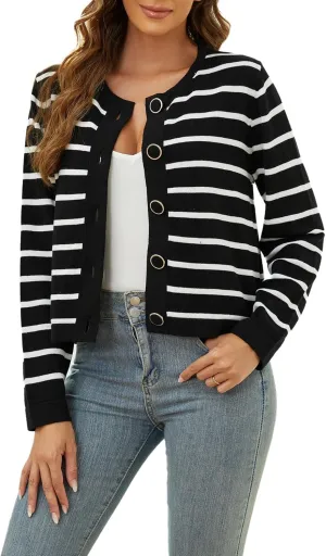 Striped Cardigan Sweaters for Women Lightweight: Cropped Cotton Knit Cardigans - Crew Neck Button Long Sleeve Cardigan