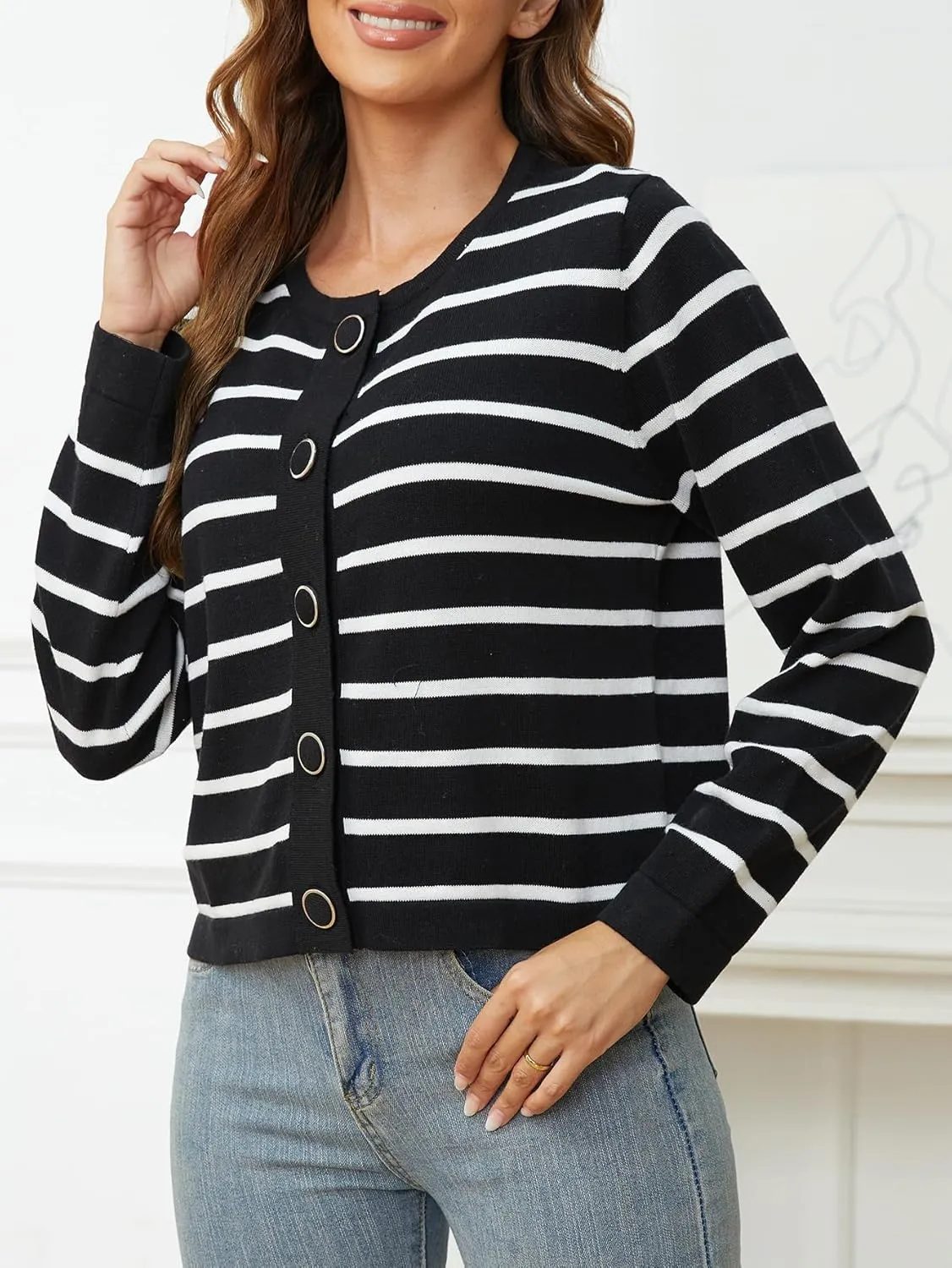 Striped Cardigan Sweaters for Women Lightweight: Cropped Cotton Knit Cardigans - Crew Neck Button Long Sleeve Cardigan