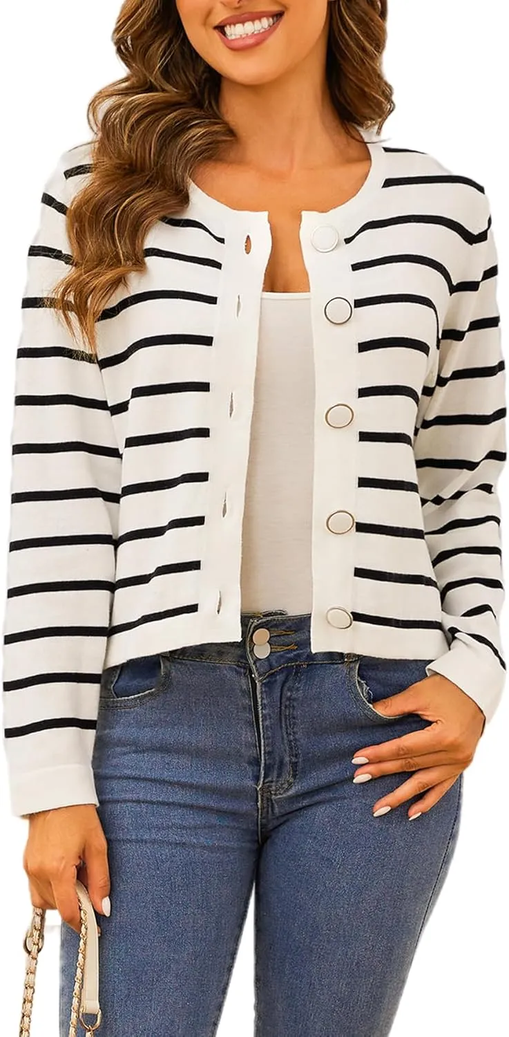 Striped Cardigan Sweaters for Women Lightweight: Cropped Cotton Knit Cardigans - Crew Neck Button Long Sleeve Cardigan