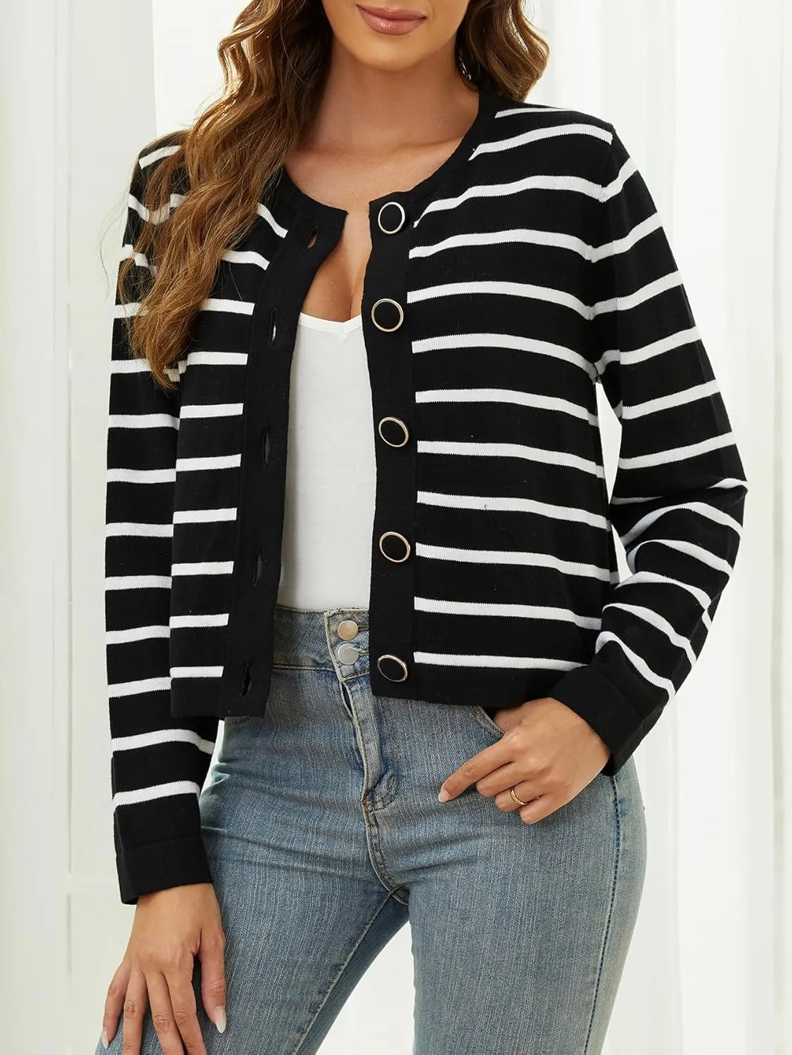 Striped Cardigan Sweaters for Women Lightweight: Cropped Cotton Knit Cardigans - Crew Neck Button Long Sleeve Cardigan