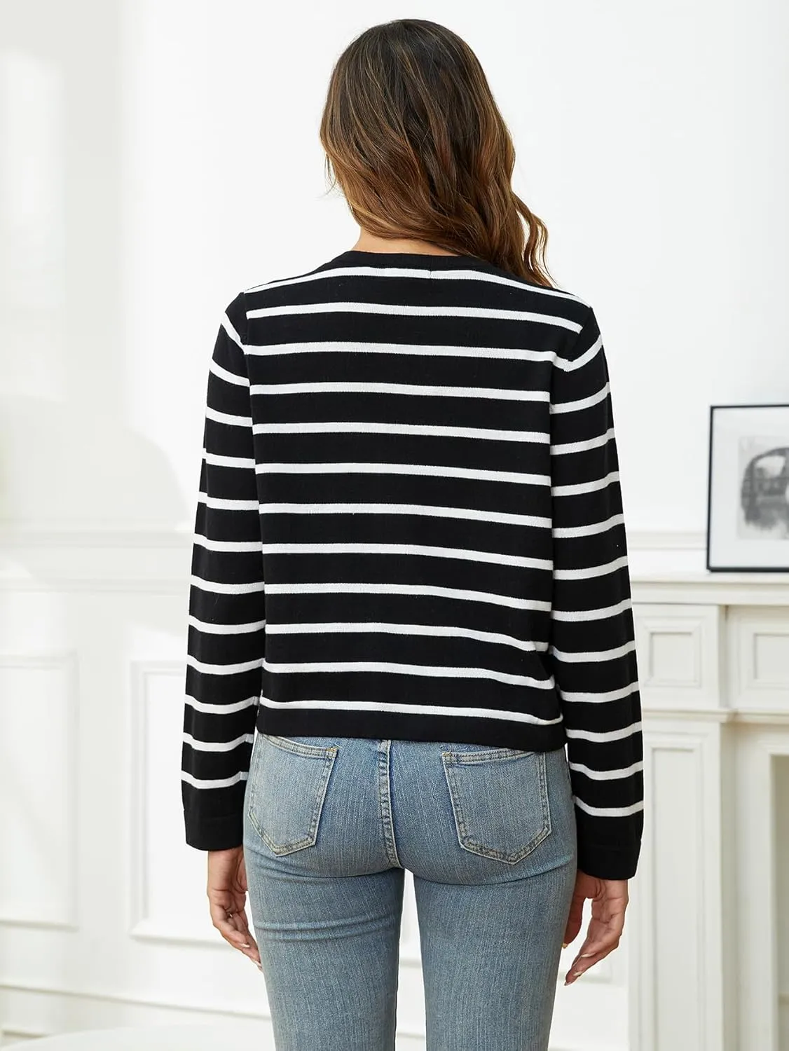 Striped Cardigan Sweaters for Women Lightweight: Cropped Cotton Knit Cardigans - Crew Neck Button Long Sleeve Cardigan