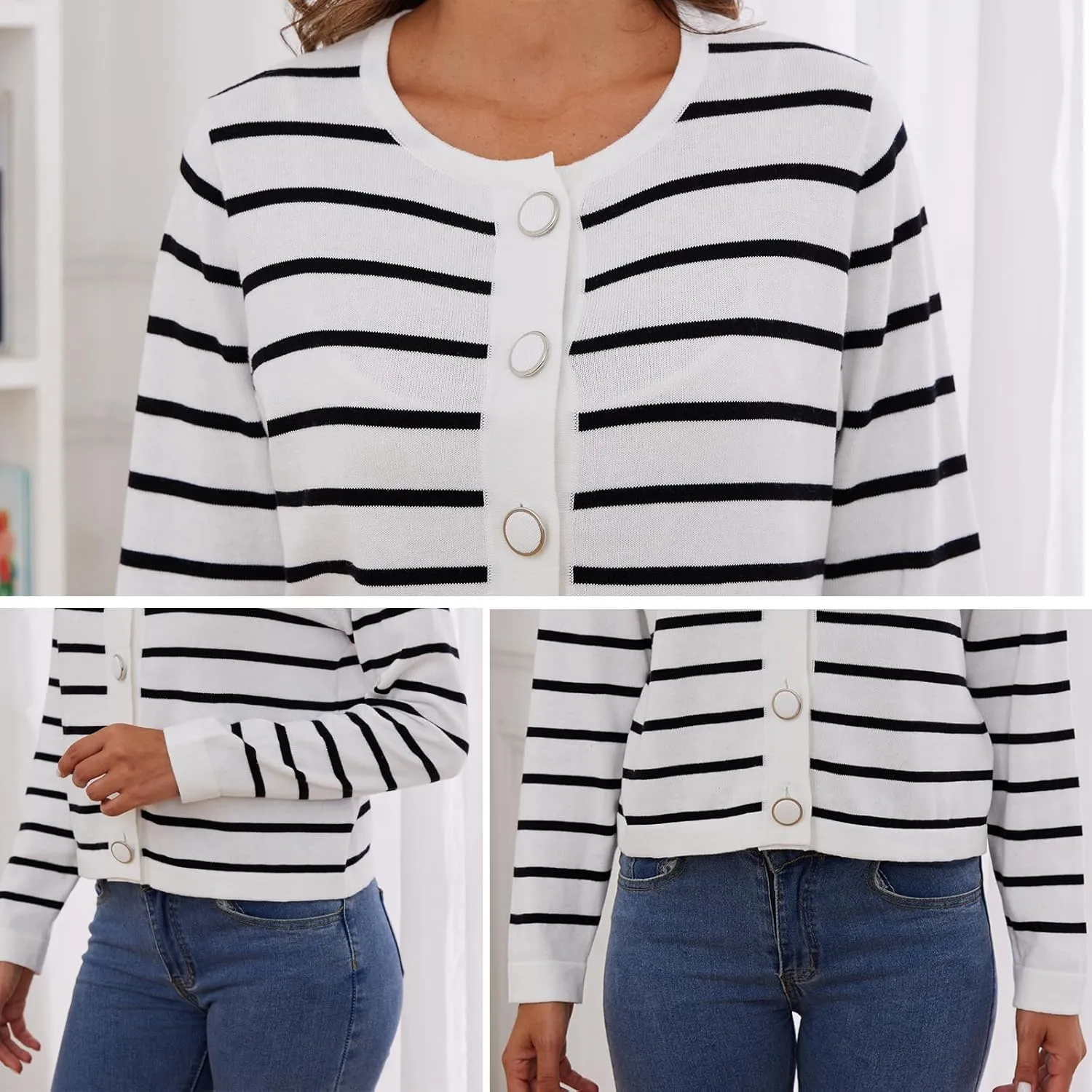 Striped Cardigan Sweaters for Women Lightweight: Cropped Cotton Knit Cardigans - Crew Neck Button Long Sleeve Cardigan