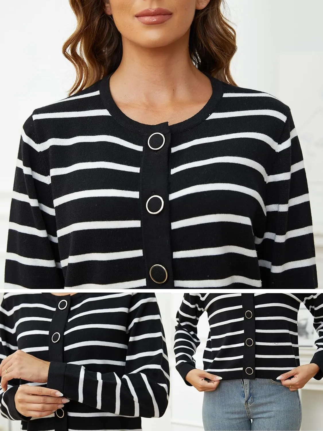 Striped Cardigan Sweaters for Women Lightweight: Cropped Cotton Knit Cardigans - Crew Neck Button Long Sleeve Cardigan