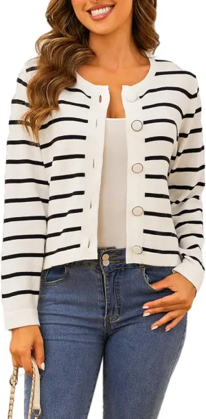 Striped Cardigan Sweaters for Women Lightweight: Cropped Cotton Knit Cardigans - Crew Neck Button Long Sleeve Cardigan