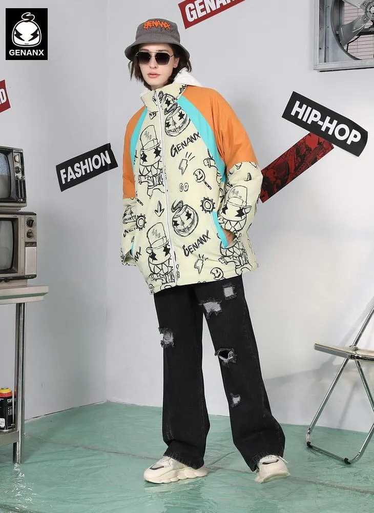Stylish Contrast Color Graffiti Print Stand Collar Padded Coat