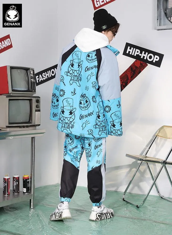 Stylish Contrast Color Graffiti Print Stand Collar Padded Coat