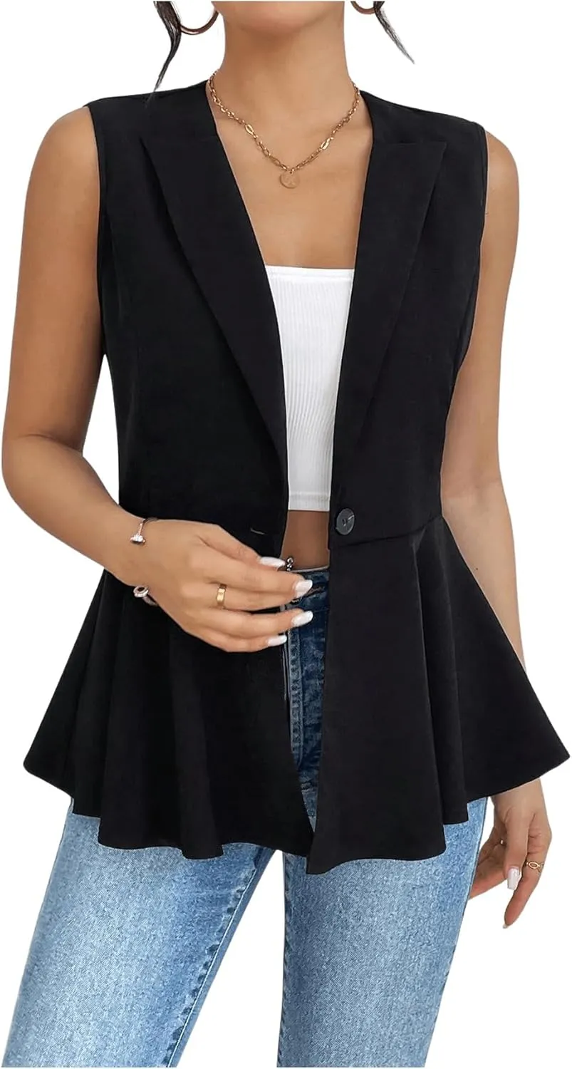 SweatyRocks Women's Lapel Neck Ruffle Hem Vest Jacket Button Front Sleeveless Office Blazers