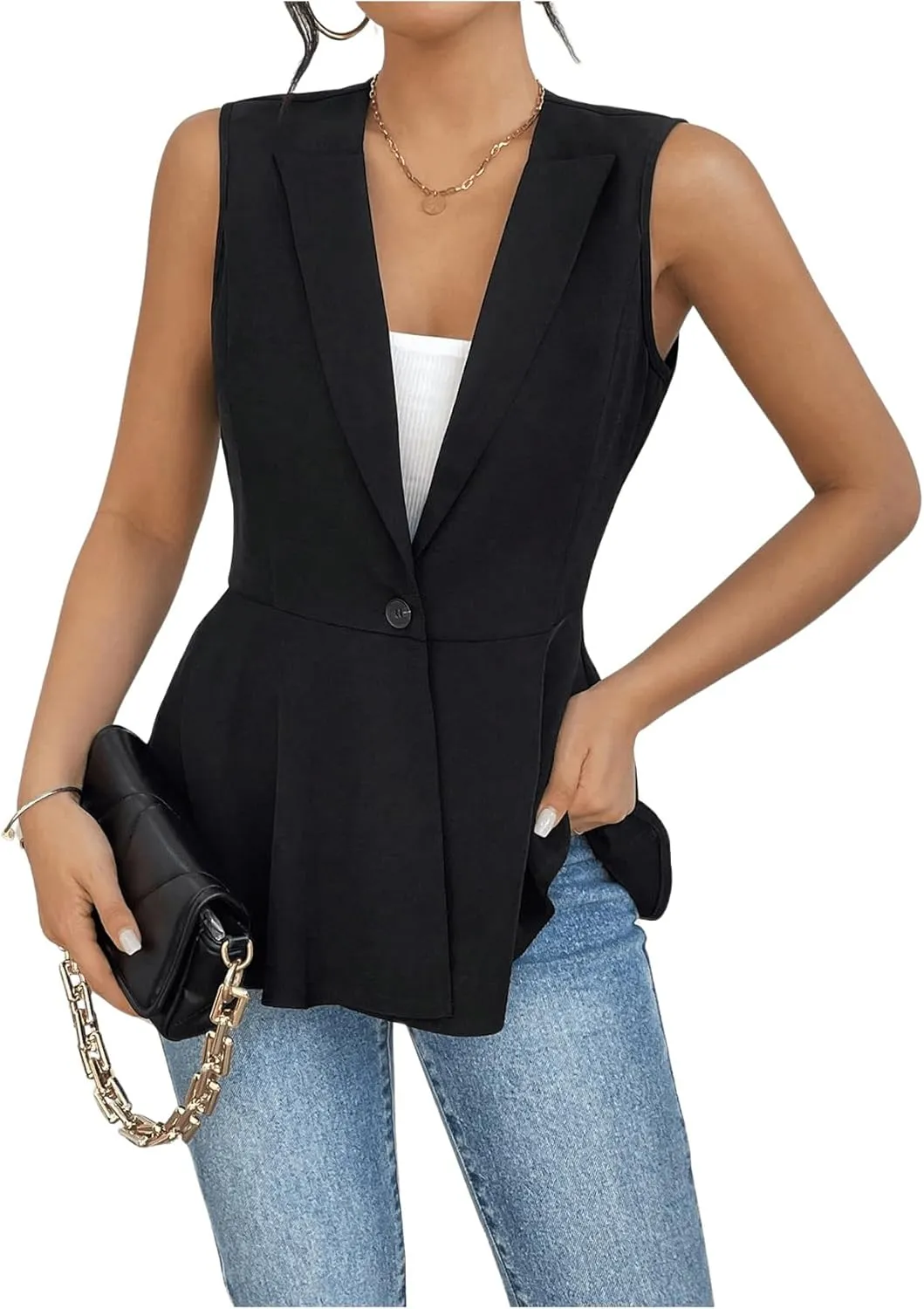 SweatyRocks Women's Lapel Neck Ruffle Hem Vest Jacket Button Front Sleeveless Office Blazers