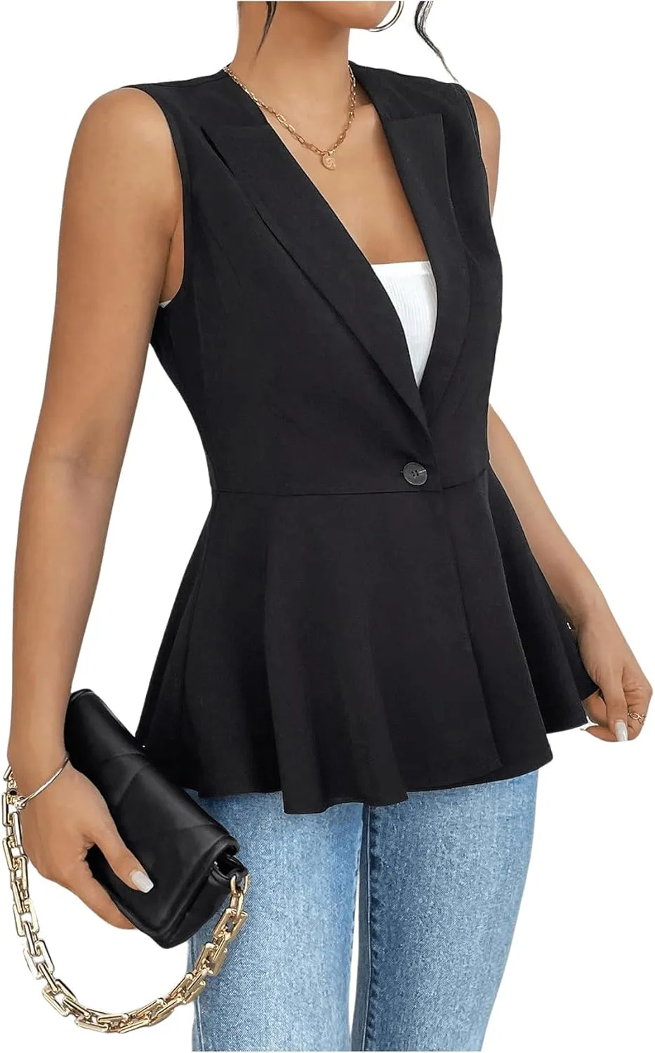 SweatyRocks Women's Lapel Neck Ruffle Hem Vest Jacket Button Front Sleeveless Office Blazers
