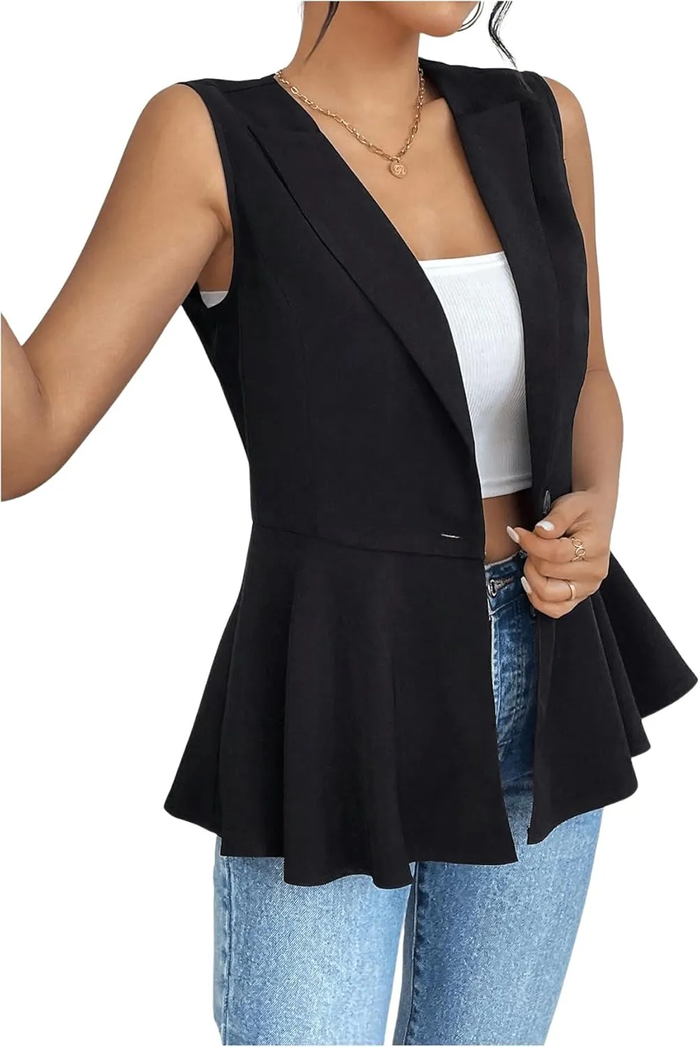SweatyRocks Women's Lapel Neck Ruffle Hem Vest Jacket Button Front Sleeveless Office Blazers