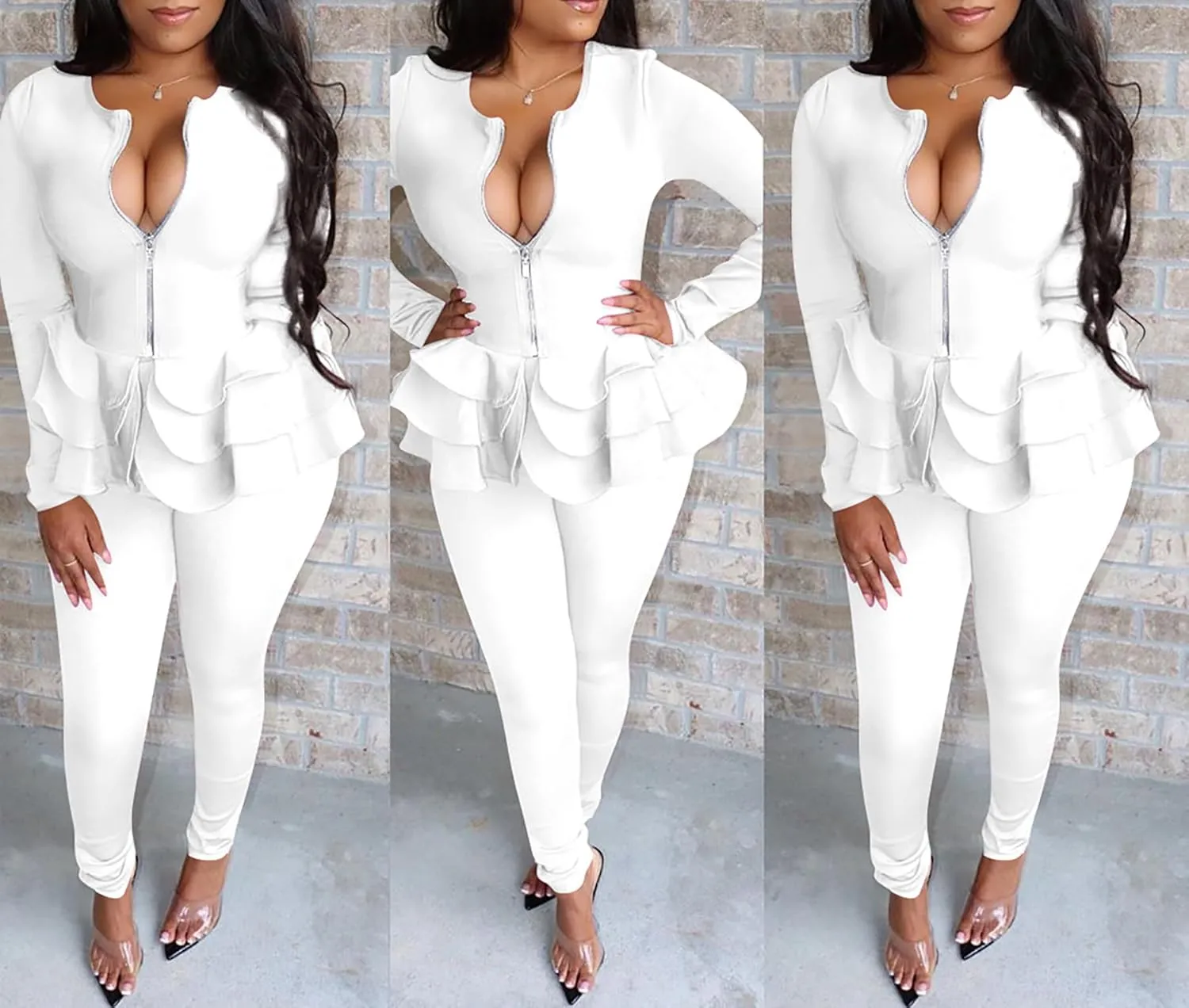 Tbahhir Women's Blazer Suits 2 Piece Sets Pants Sexy V Neck Ruffle Business Casual Bodycon Outfits Clubwear