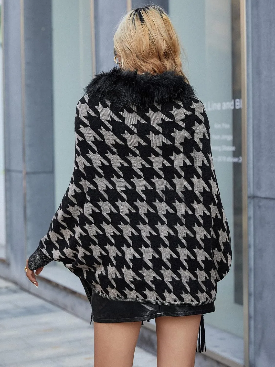 TIAFORD Women's Fur Collar Shawl Tassel Cloak Houndstooth Knitted Cashmere Capes Open Front Cardigans Sweater Coat