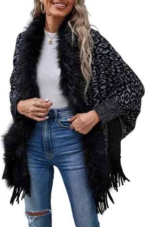TIAFORD Women's Fur Collar Shawl Tassel Cloak Houndstooth Knitted Cashmere Capes Open Front Cardigans Sweater Coat