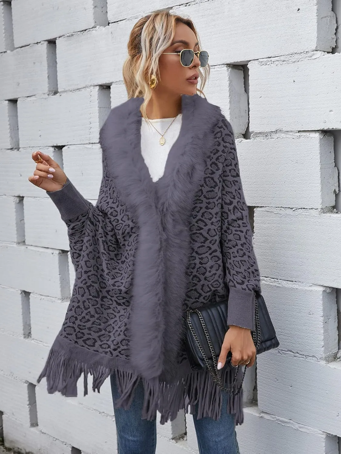 TIAFORD Women's Fur Collar Shawl Tassel Cloak Houndstooth Knitted Cashmere Capes Open Front Cardigans Sweater Coat