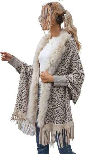 TIAFORD Women's Fur Collar Shawl Tassel Cloak Houndstooth Knitted Cashmere Capes Open Front Cardigans Sweater Coat