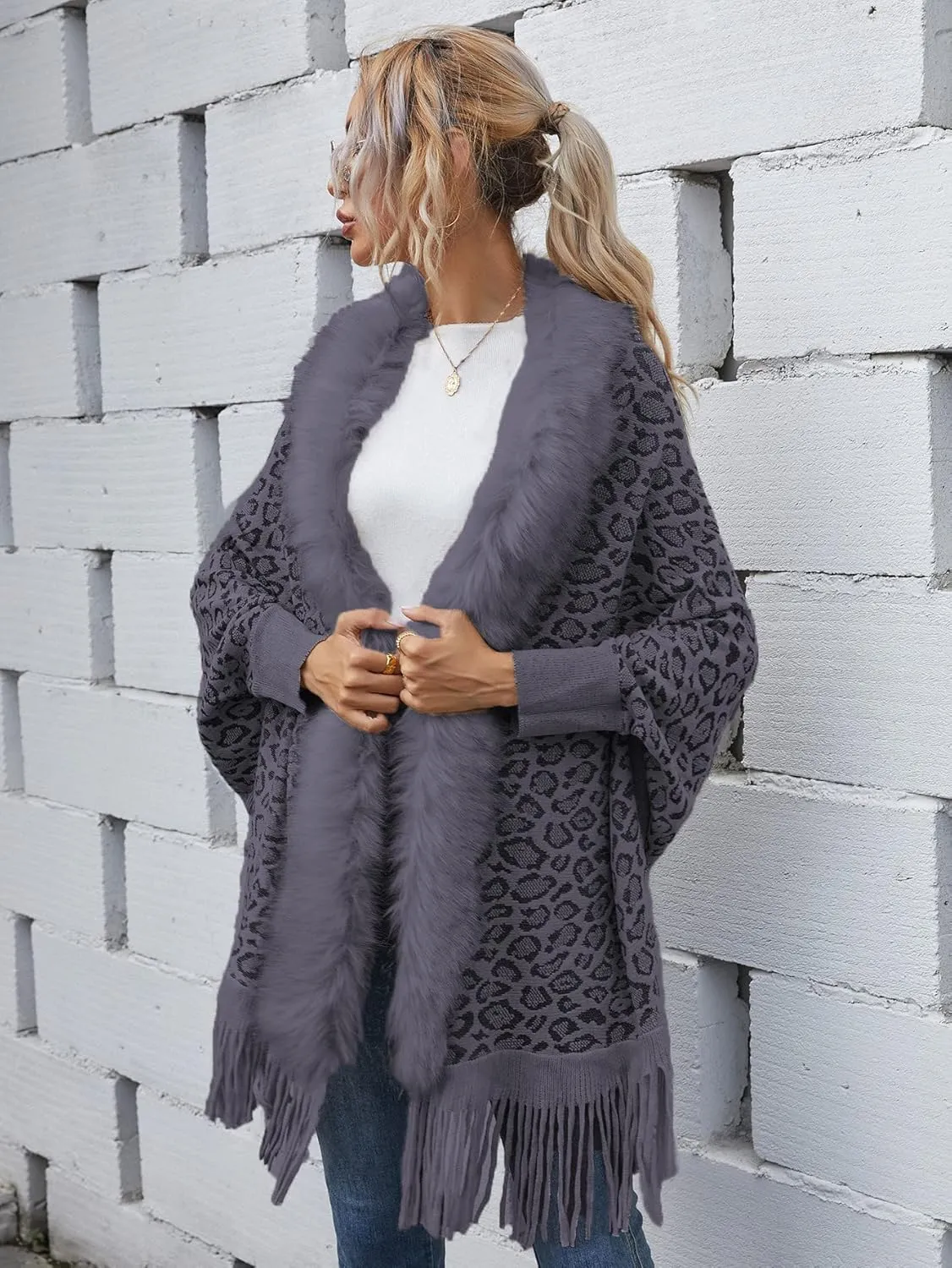 TIAFORD Women's Fur Collar Shawl Tassel Cloak Houndstooth Knitted Cashmere Capes Open Front Cardigans Sweater Coat