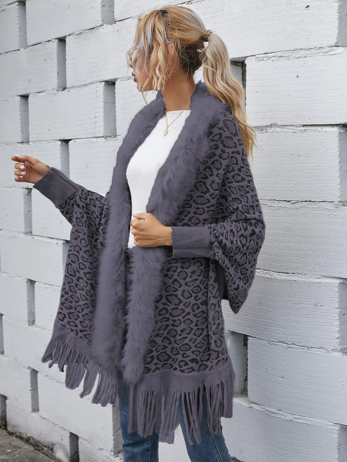 TIAFORD Women's Fur Collar Shawl Tassel Cloak Houndstooth Knitted Cashmere Capes Open Front Cardigans Sweater Coat