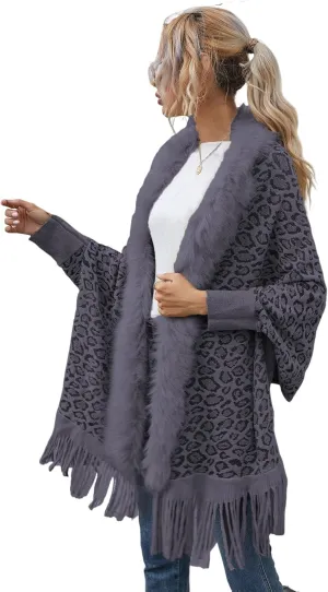 TIAFORD Women's Fur Collar Shawl Tassel Cloak Houndstooth Knitted Cashmere Capes Open Front Cardigans Sweater Coat