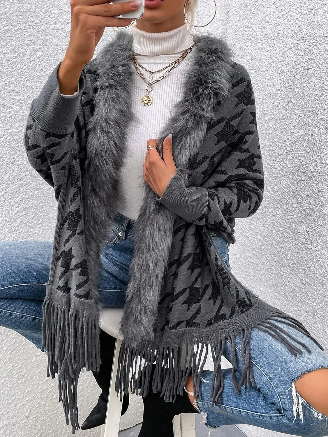 TIAFORD Women's Fur Collar Shawl Tassel Cloak Houndstooth Knitted Cashmere Capes Open Front Cardigans Sweater Coat