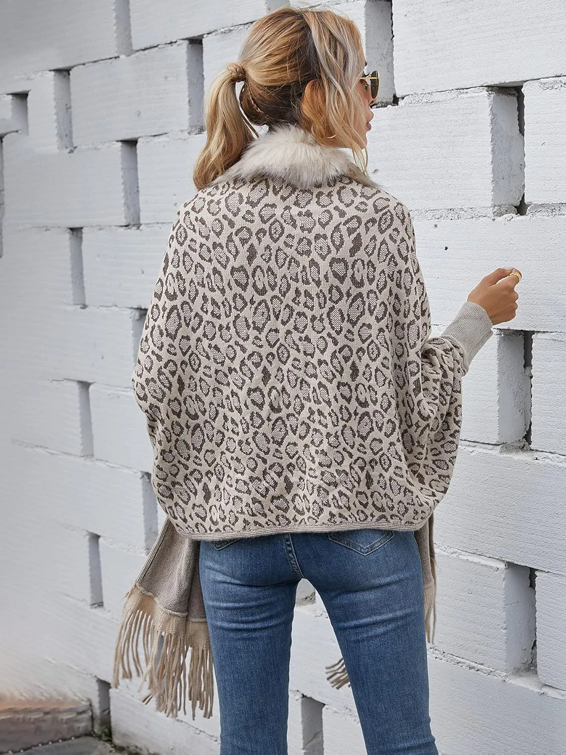 TIAFORD Women's Fur Collar Shawl Tassel Cloak Houndstooth Knitted Cashmere Capes Open Front Cardigans Sweater Coat