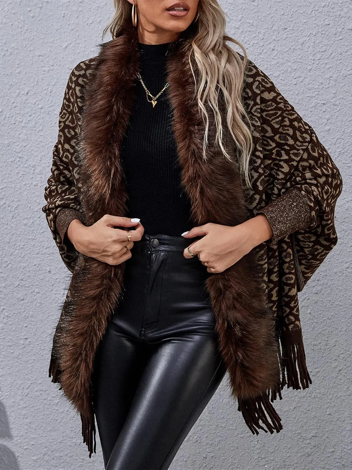 TIAFORD Women's Fur Collar Shawl Tassel Cloak Houndstooth Knitted Cashmere Capes Open Front Cardigans Sweater Coat