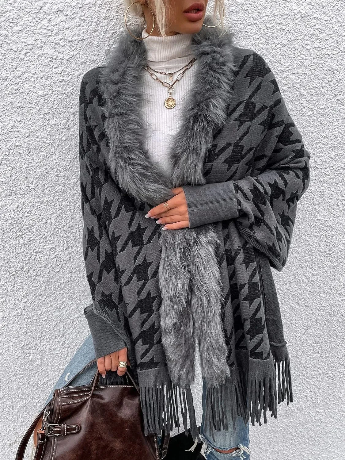 TIAFORD Women's Fur Collar Shawl Tassel Cloak Houndstooth Knitted Cashmere Capes Open Front Cardigans Sweater Coat