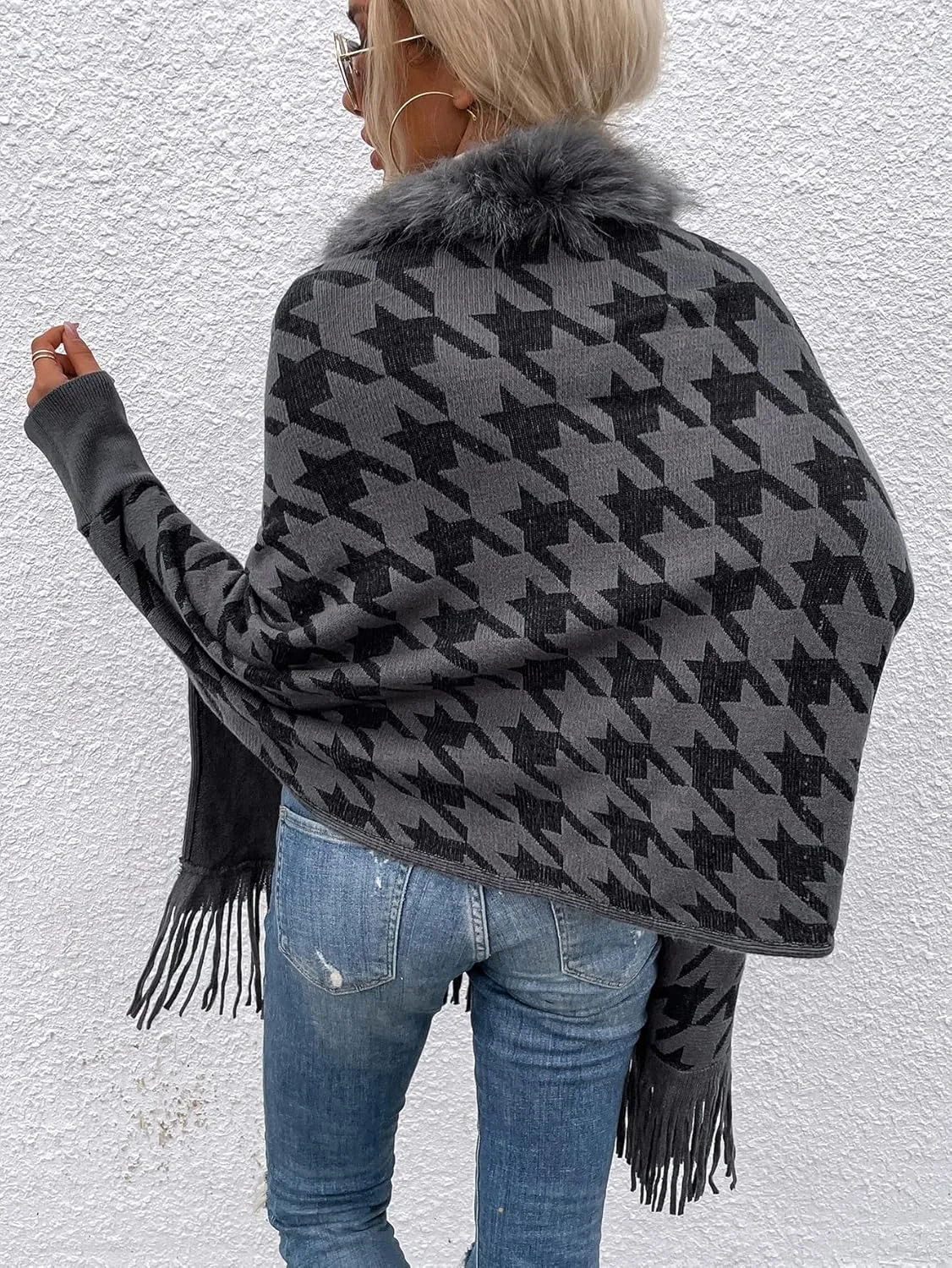 TIAFORD Women's Fur Collar Shawl Tassel Cloak Houndstooth Knitted Cashmere Capes Open Front Cardigans Sweater Coat