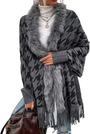 TIAFORD Women's Fur Collar Shawl Tassel Cloak Houndstooth Knitted Cashmere Capes Open Front Cardigans Sweater Coat