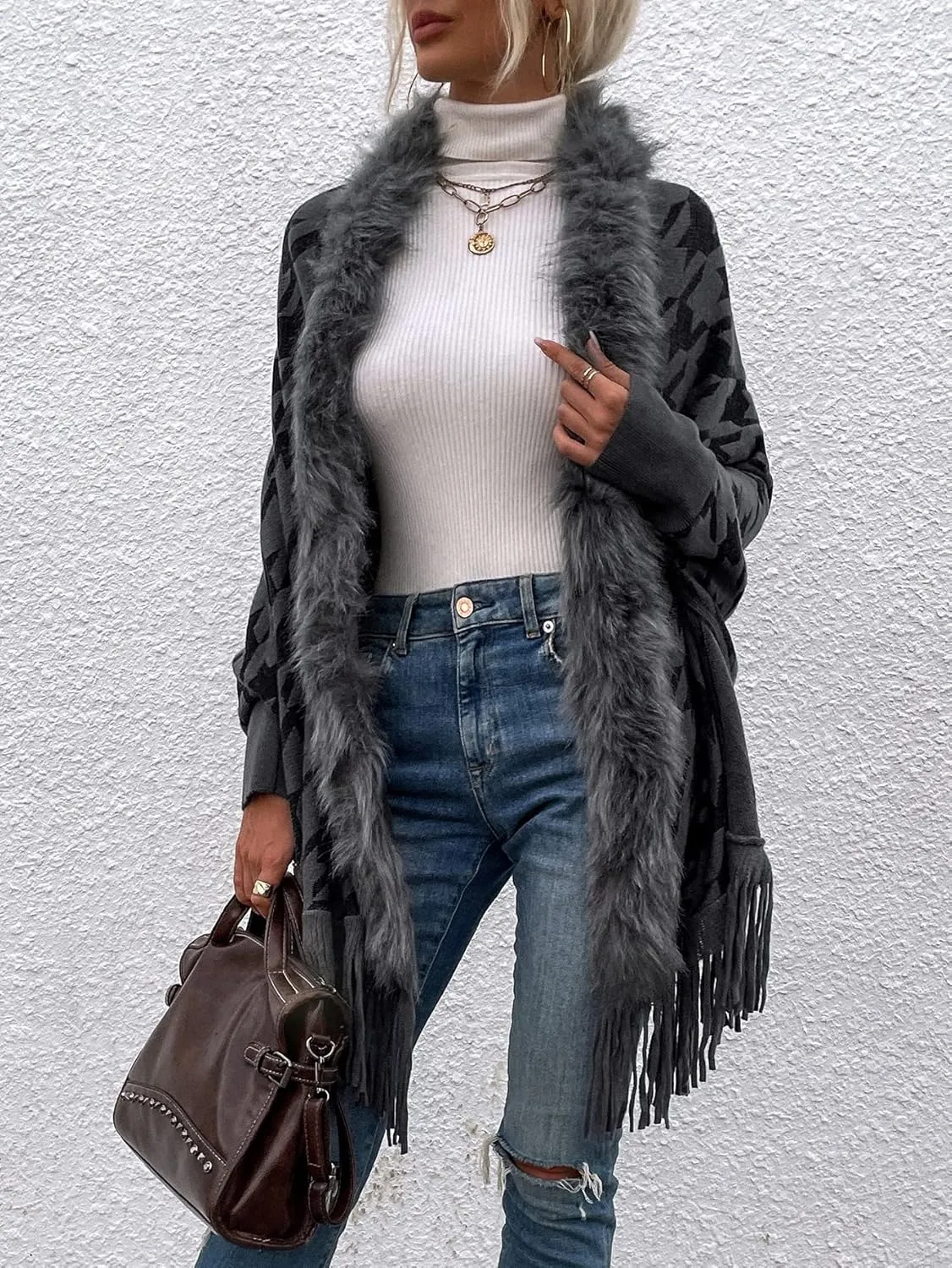 TIAFORD Women's Fur Collar Shawl Tassel Cloak Houndstooth Knitted Cashmere Capes Open Front Cardigans Sweater Coat