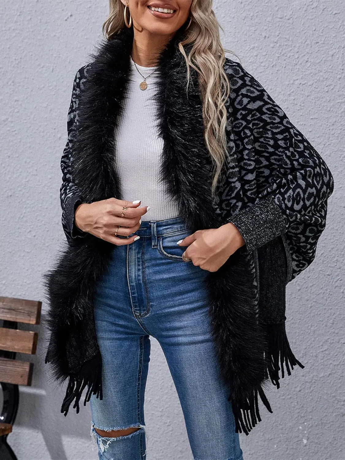 TIAFORD Women's Fur Collar Shawl Tassel Cloak Houndstooth Knitted Cashmere Capes Open Front Cardigans Sweater Coat