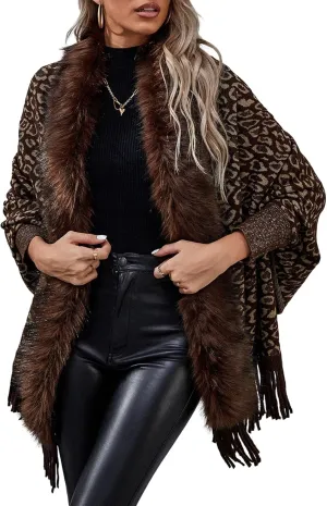 TIAFORD Women's Fur Collar Shawl Tassel Cloak Houndstooth Knitted Cashmere Capes Open Front Cardigans Sweater Coat