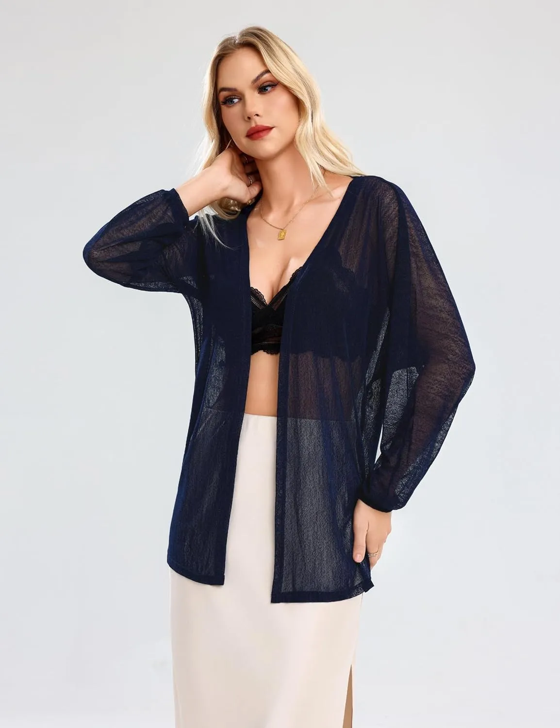 Totatuit Women Long Sleeve Lightweight Sheer Cardigans Kimonos Casual Loose Open Front Beach Cover Ups