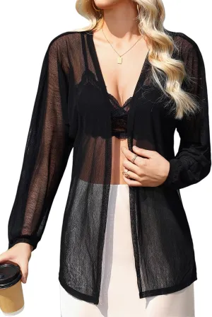 Totatuit Women Long Sleeve Lightweight Sheer Cardigans Kimonos Casual Loose Open Front Beach Cover Ups