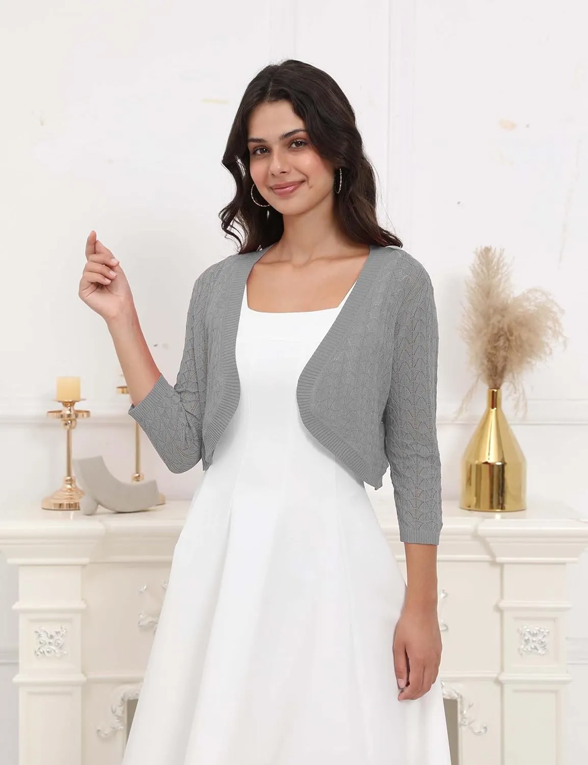 Tralilbee Women's 3/4 Sleeve Cropped Cardigan Knit Bolero Shrug Cardigan Sweater for Women S-XL