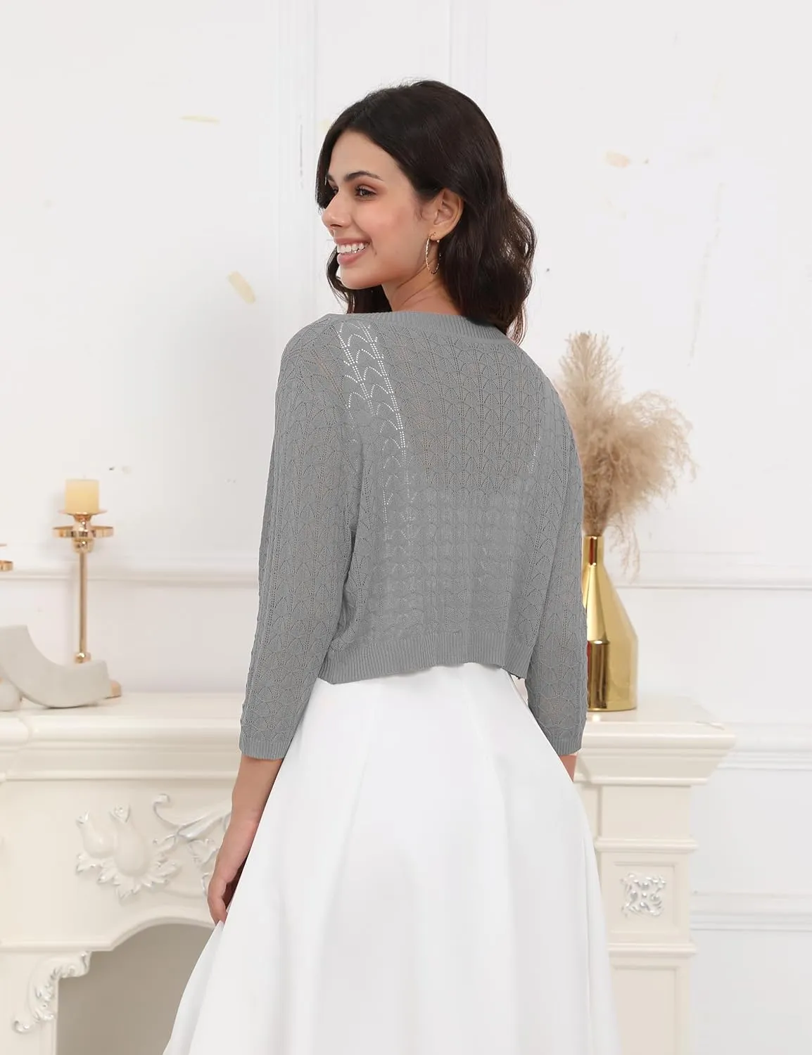 Tralilbee Women's 3/4 Sleeve Cropped Cardigan Knit Bolero Shrug Cardigan Sweater for Women S-XL