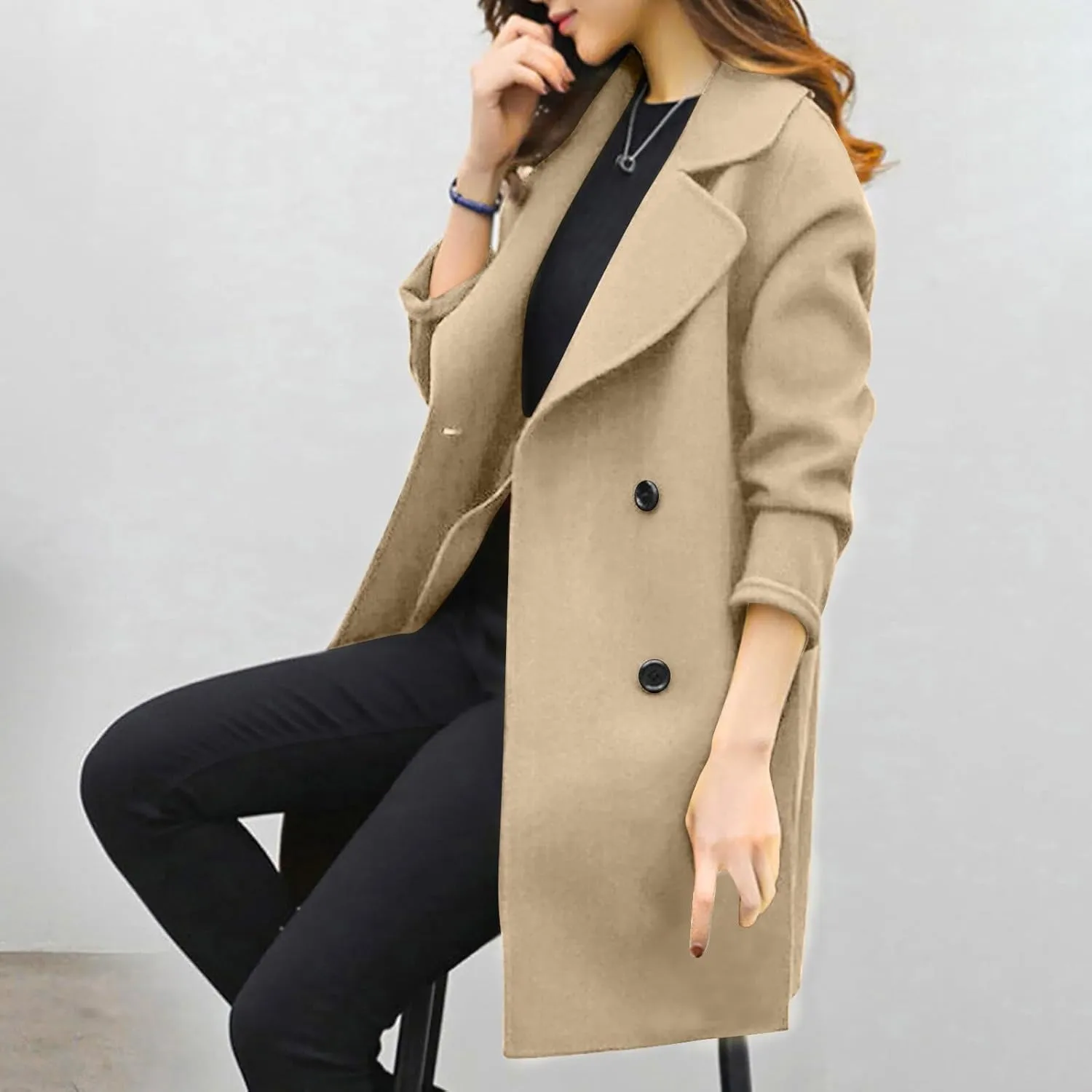 Trench Coat for Women 2024 Fall Classic Notch Lapel Double Breasted Pea Coats Midi Long Trench Coat Overcoat
