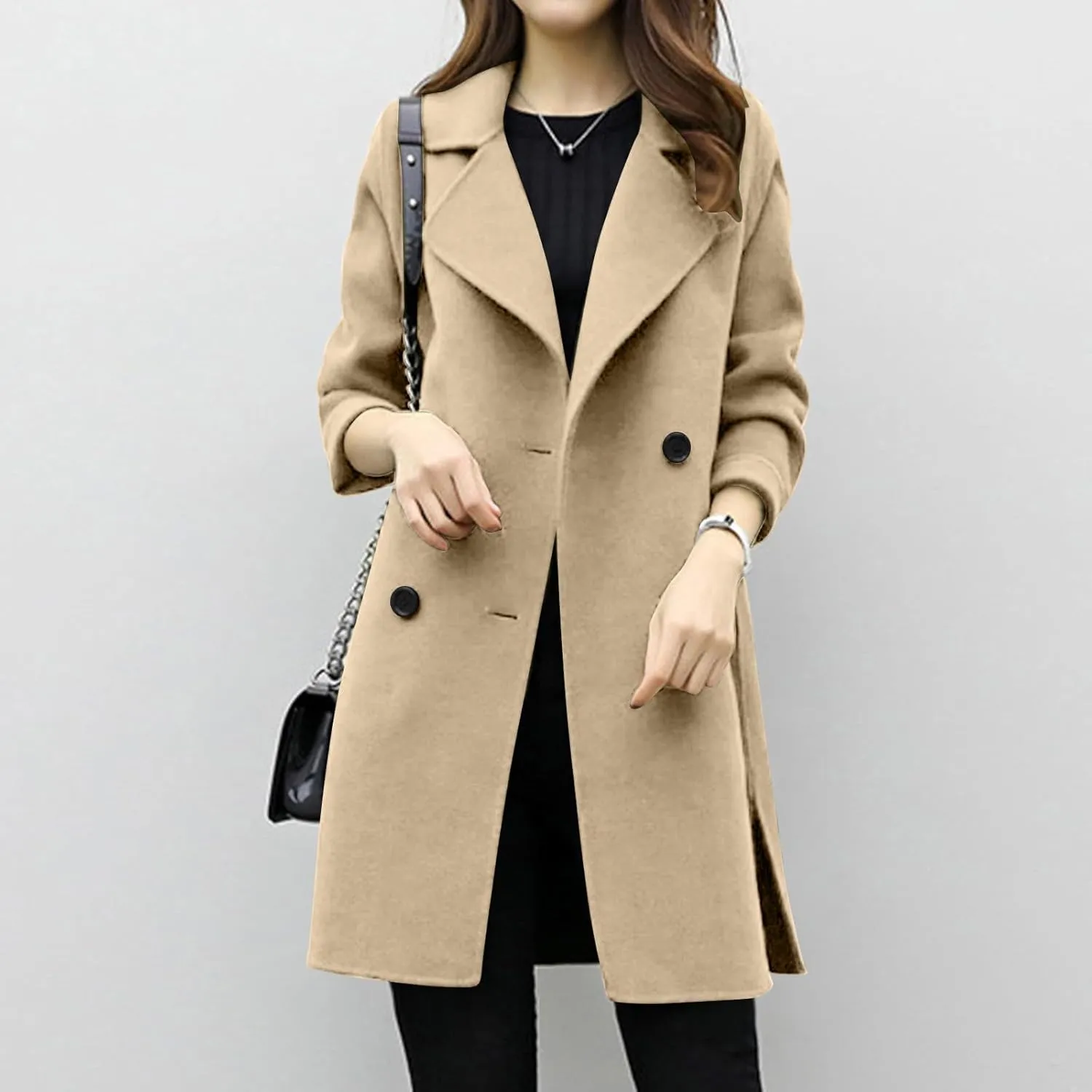 Trench Coat for Women 2024 Fall Classic Notch Lapel Double Breasted Pea Coats Midi Long Trench Coat Overcoat