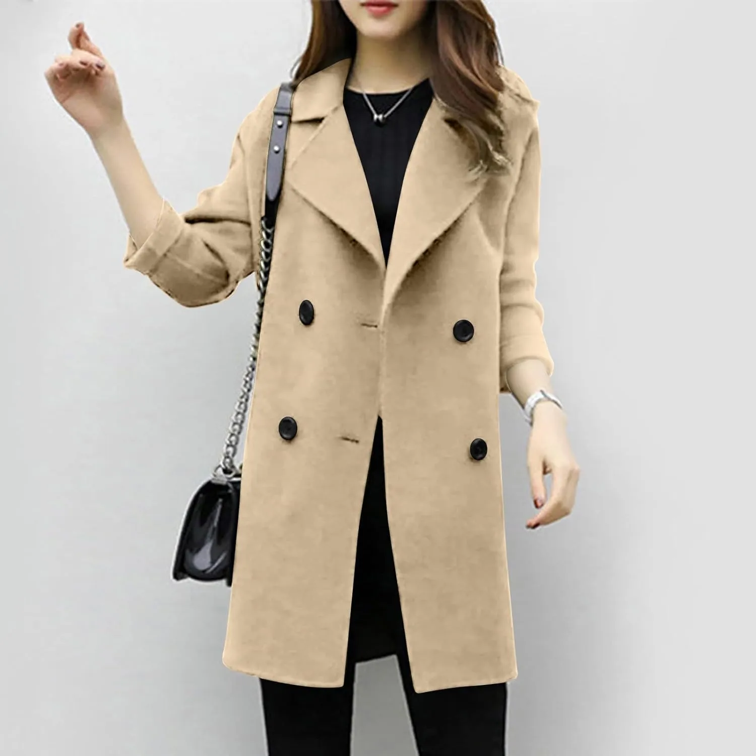 Trench Coat for Women 2024 Fall Classic Notch Lapel Double Breasted Pea Coats Midi Long Trench Coat Overcoat