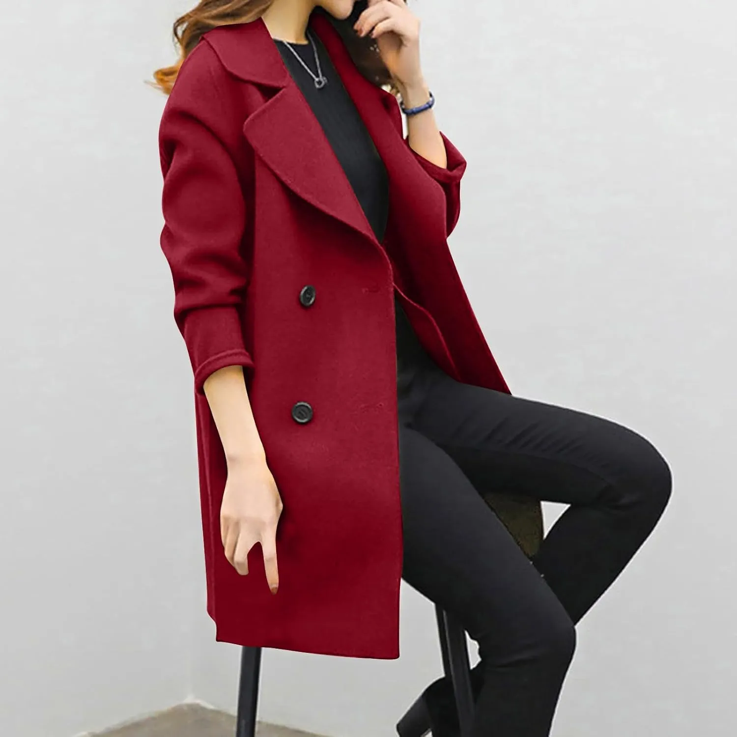 Trench Coat for Women 2024 Fall Classic Notch Lapel Double Breasted Pea Coats Midi Long Trench Coat Overcoat