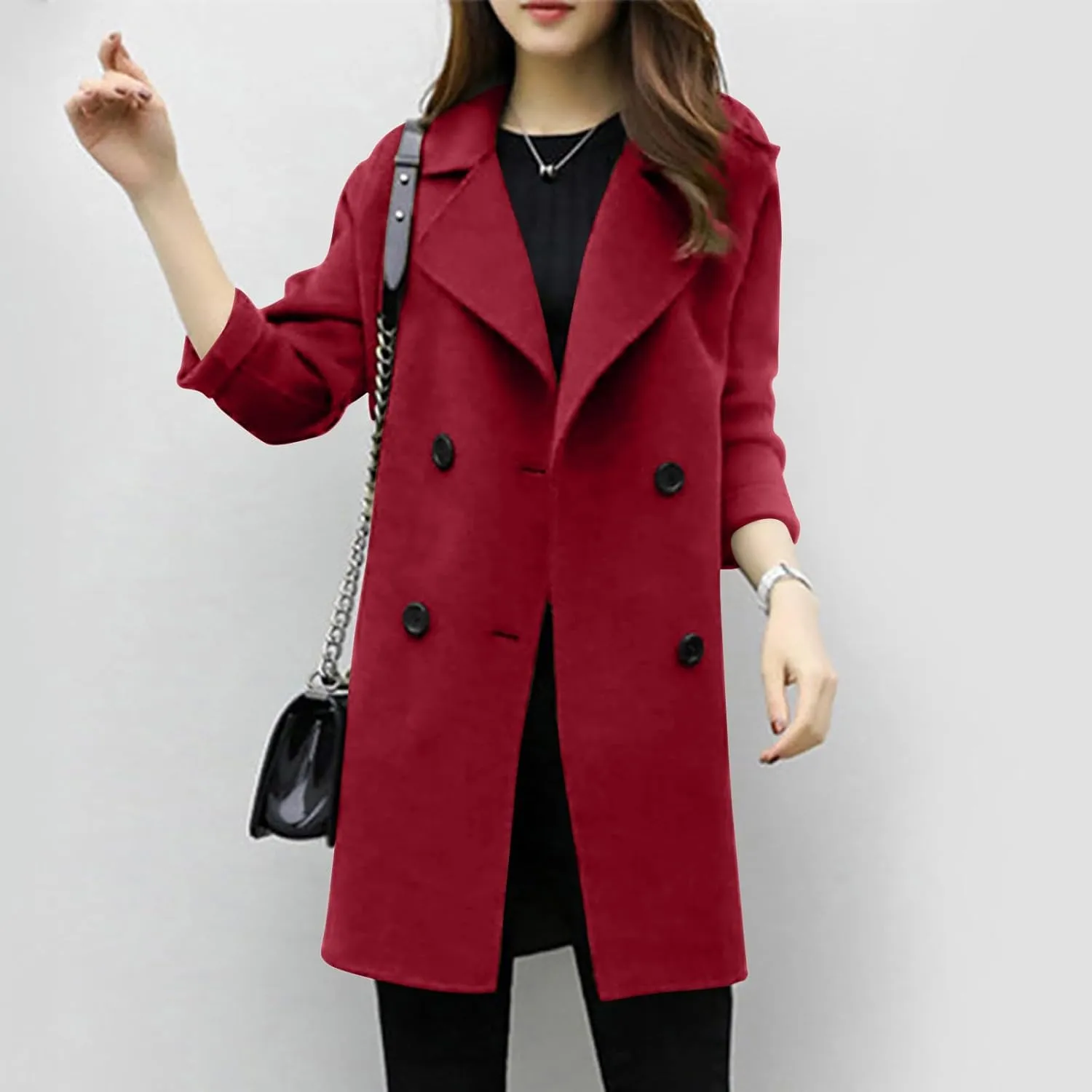 Trench Coat for Women 2024 Fall Classic Notch Lapel Double Breasted Pea Coats Midi Long Trench Coat Overcoat