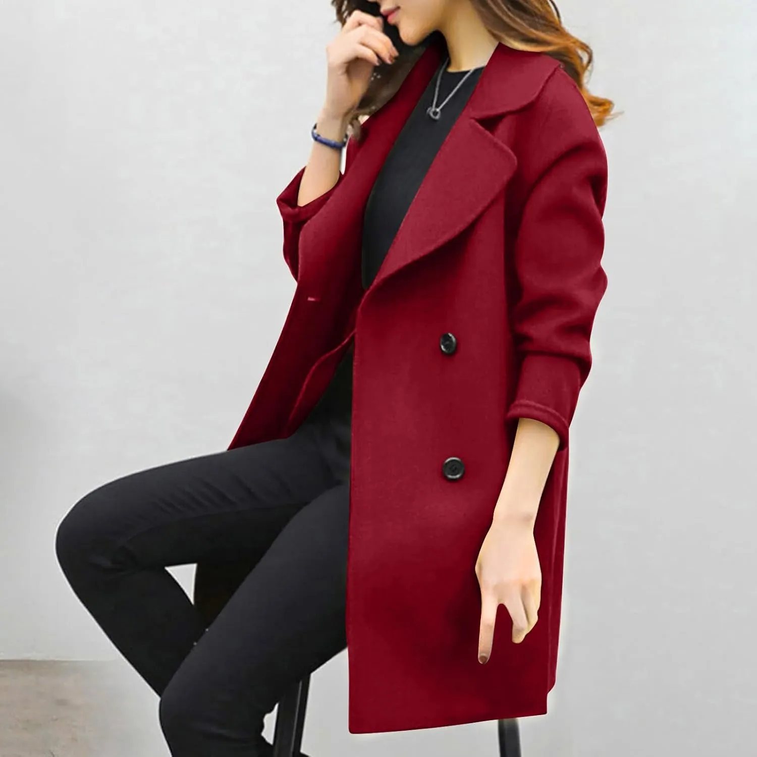 Trench Coat for Women 2024 Fall Classic Notch Lapel Double Breasted Pea Coats Midi Long Trench Coat Overcoat