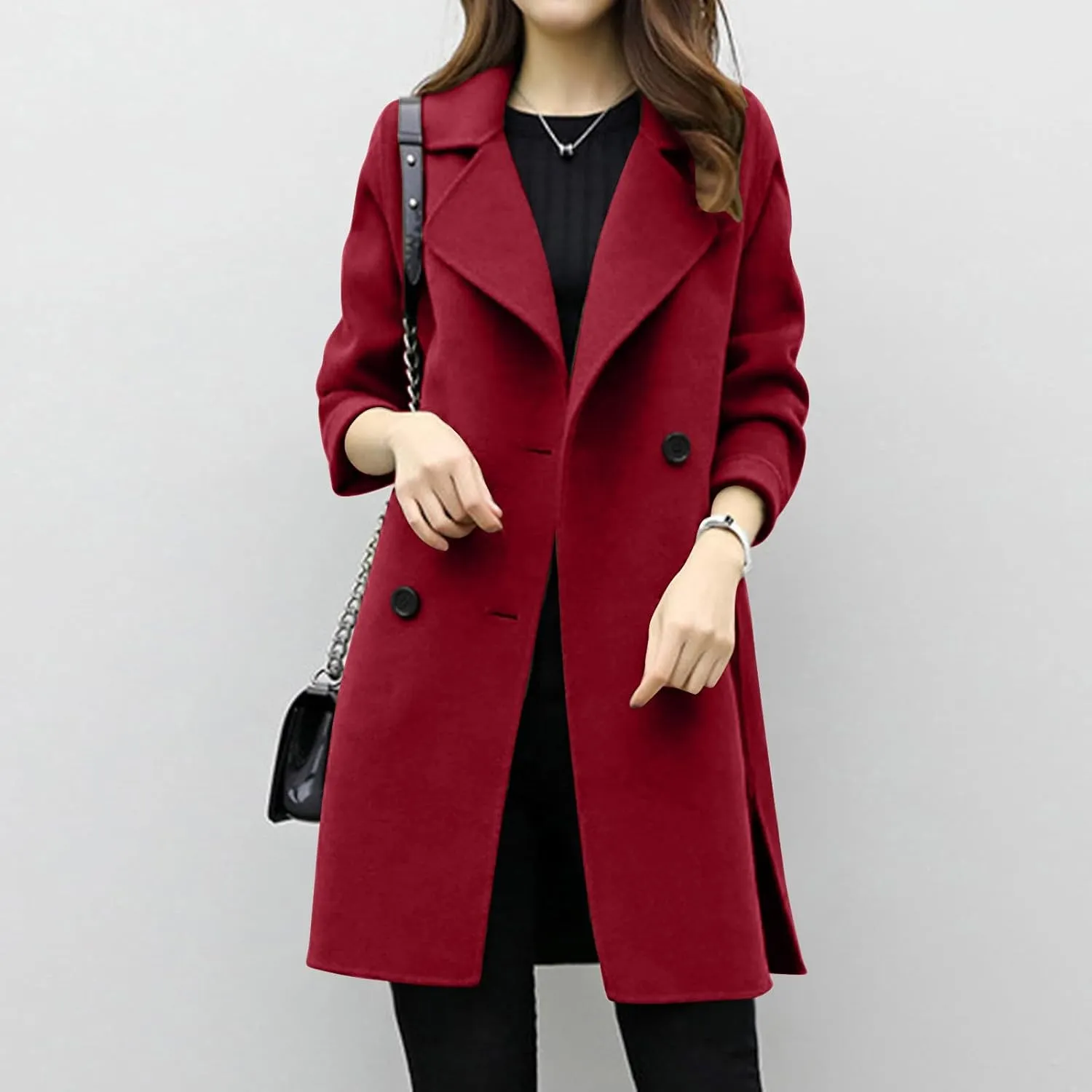 Trench Coat for Women 2024 Fall Classic Notch Lapel Double Breasted Pea Coats Midi Long Trench Coat Overcoat
